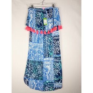 NWT Lilly Pulitzer Meridian Midi Dress Womens L Indigo Black Off Shoulder Pom Po